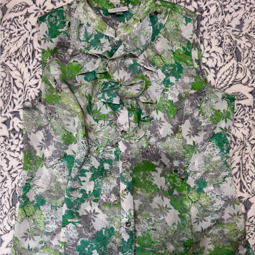 Tahari Green & Gray Ruffled Mandarin Collar sleeveless Blouse size Large - Picture 7 of 12